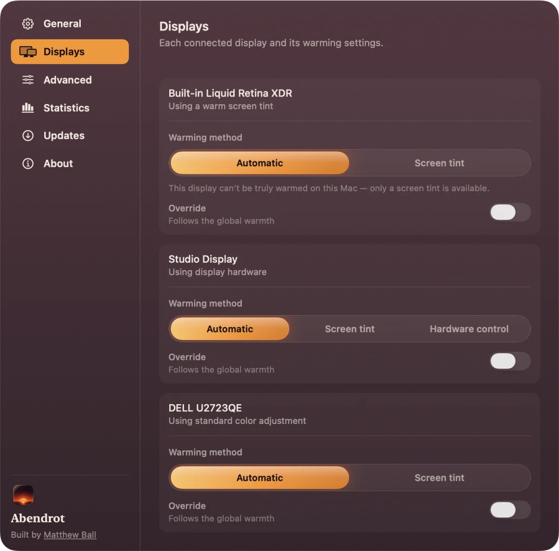 Abendrot Settings showing connected displays with Automatic, Screen tint, and Hardware control options.