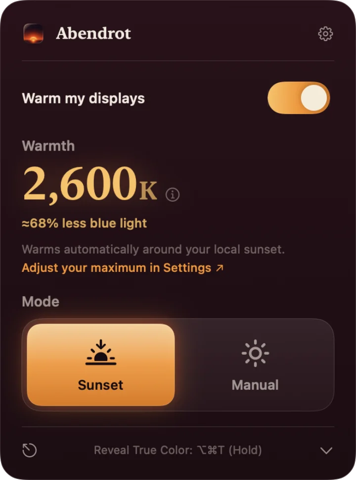 Abendrot menu bar controls showing a 2600 Kelvin readout, Sunset and Manual modes, and the Reveal True Color shortcut.